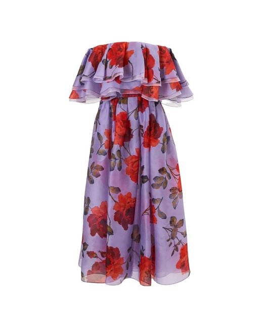 Carolina Herrera Red Rose-Print Organza Dress With Ruffles