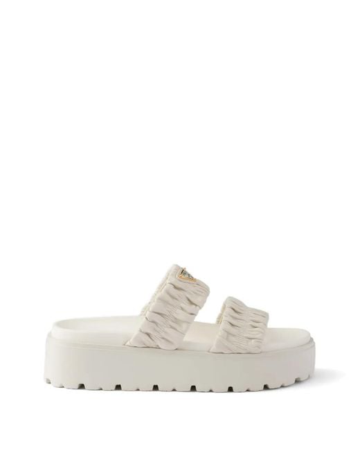 Prada White Matelassé Nappa Leather Flatform Slides
