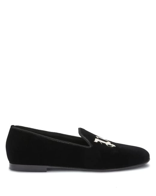 Palm Angels Black Monogram-Embroidered Suede Loafers