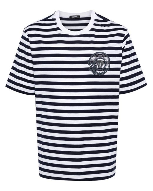 ` Nautical Emblem` Embroidery Striped T-Shirt di Versace in Blue da Uomo