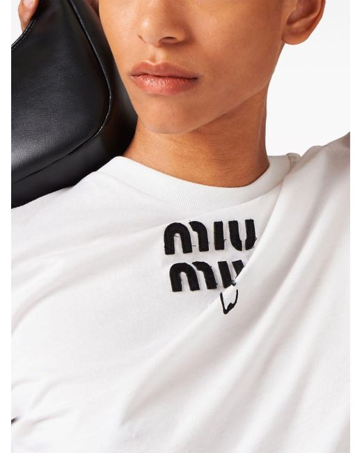 Miu Miu White T-Shirt mit Pilzstickerei
