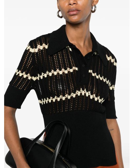 Plan C Black Zigzag-Knit Polo Shirt