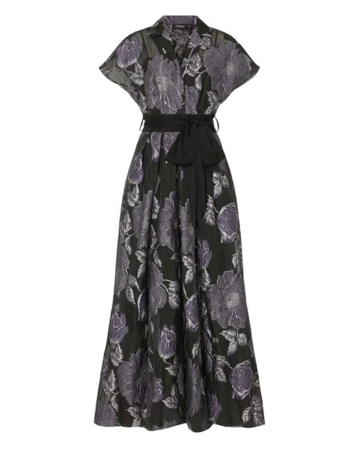Temperley London Black Bridget Gown Floral-Print Belted Midi Dress
