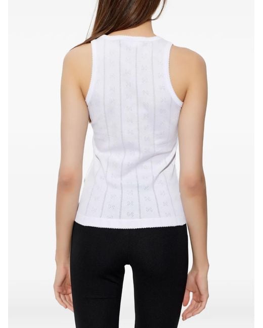 Ganni White Logo-Patch Pointelle-Knit Top