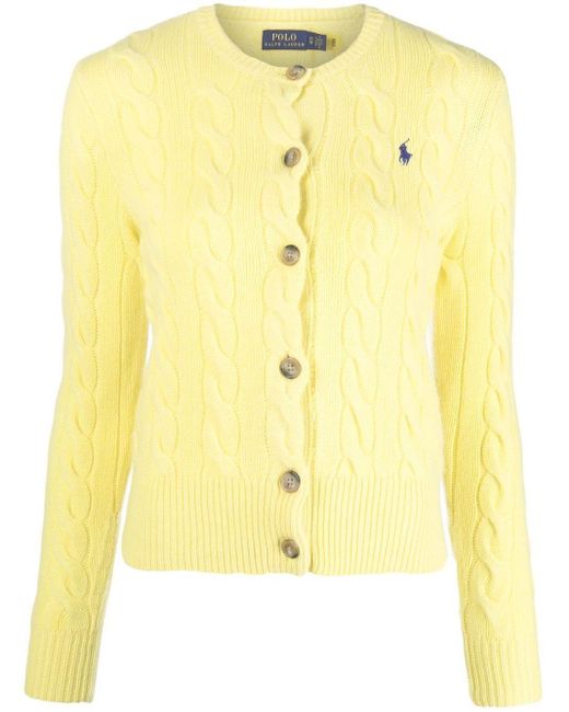 Polo Ralph Lauren Wool Logo-embroidered Cable-knit Cardigan in Yellow ...