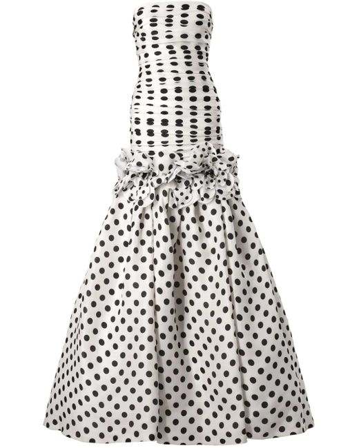 Carolina Herrera White Strapless Polka-Dot Gathered Mermaid Gown With Flowers