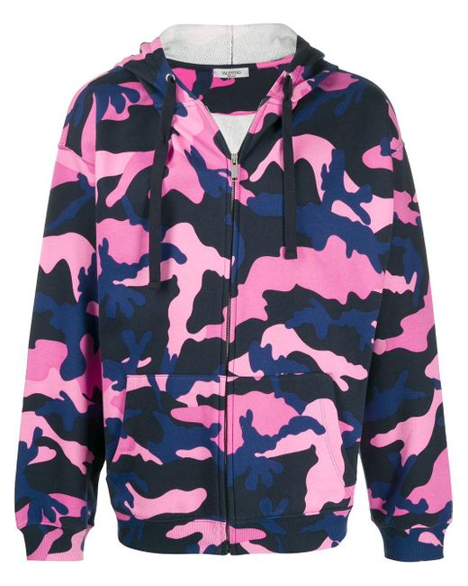 Valentino Pink Camouflage Print Zipped Hoodie for men