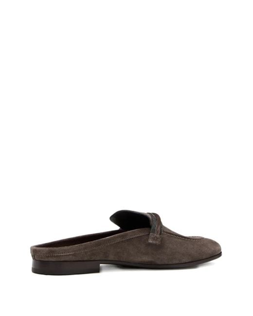 Brunello Cucinelli Brown Beaded-Embellished Suede Mules