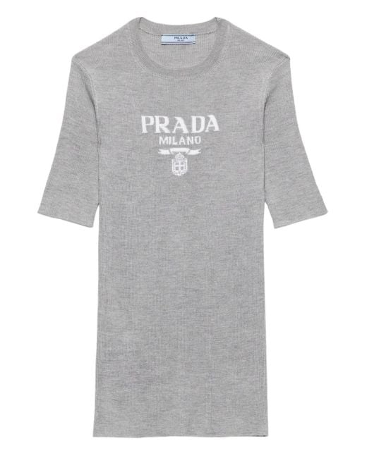 Prada Gray Silk Logo Longline T-Shirt