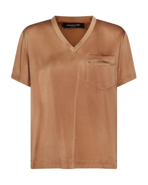 Fabiana Filippi Brown Pocket V-Neck T-Shirt