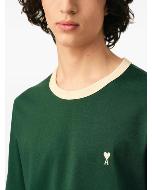 AMI Green Cropped T-Shirt With Cream Ribbed Trims And Embroidered Logo for men