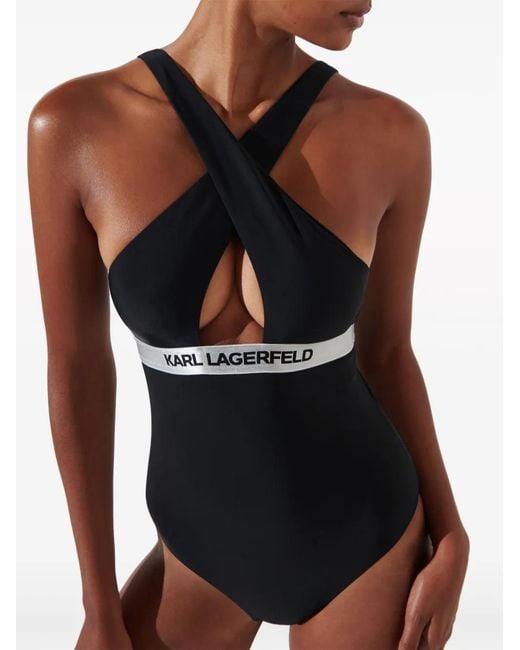 Karl Lagerfeld Black Logo-Waistband Halterneck Swimsuit