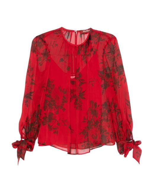Max Mara Red Floral-Print Tie-Cuff Blouse