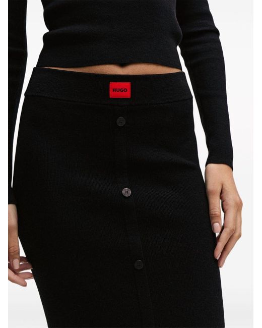 HUGO Black Logo-patch Knitted Midi Skirt