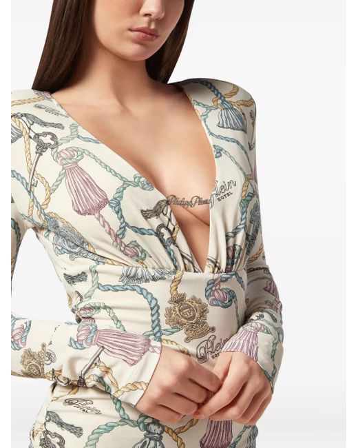 Philipp Plein White Langärmeliges Minikleid Mit Quasten-Print