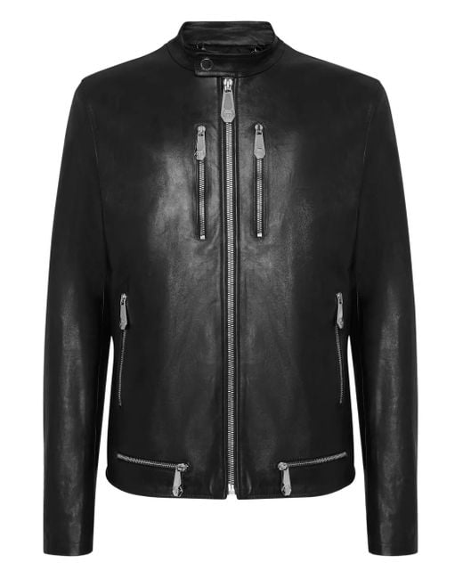 Philipp Plein Black Leather Moto Jacket for men