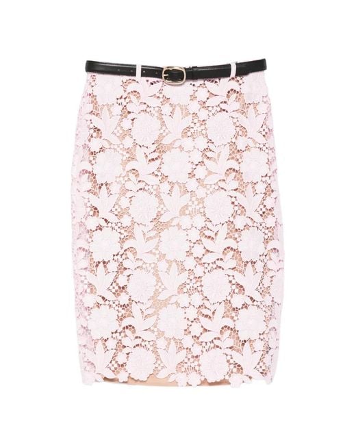 Self-Portrait Pink Floral-Lace Belted Midi Skirt