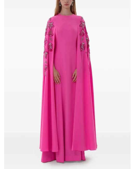 Dina Melwani Pink Crystal-Embellished Cape-Sleeve Maxi Dress
