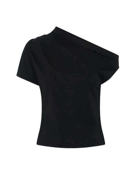Anna Quan Black T-Shirt Drapé Astra À Une Épaule
