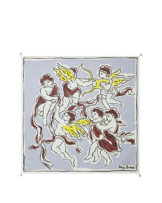 Tory Burch Gray Cherubs Silk Square Scarf