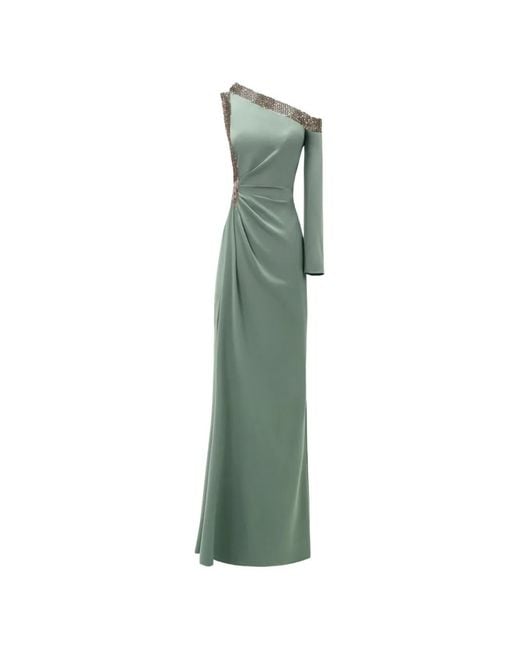 Gemy Maalouf Green Embellished Asymmetrical-Neckline Maxi Dress