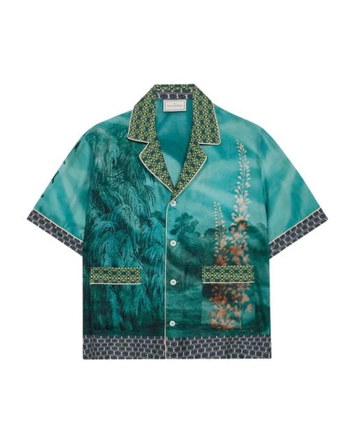 Pierre Louis Mascia Green Landscape-Print Short-Sleeved Shirt
