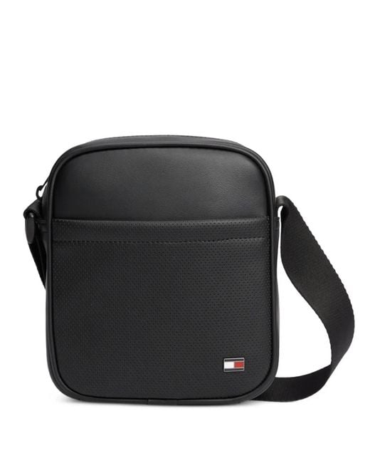 Tommy Hilfiger Black Perforated-Detail Logo-Plaque Messenger Bag for men