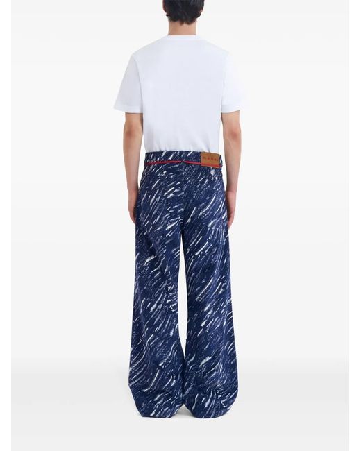 Marni Blue Abstract-Pattern Print Wide-Leg Jeans for men