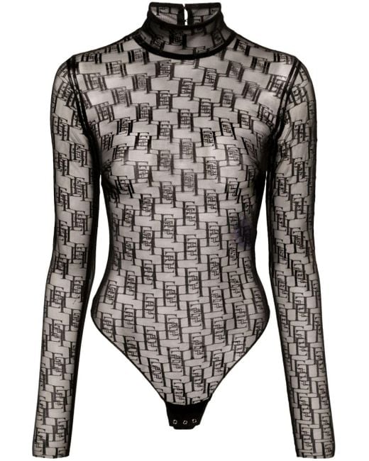 Elisabetta Franchi Black Logo-print Semi-sheer Bodysuit
