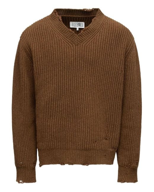 MM6 by Maison Margiela Brown Relaxed Fit V-Neck Sweater With Distressed Hem for men