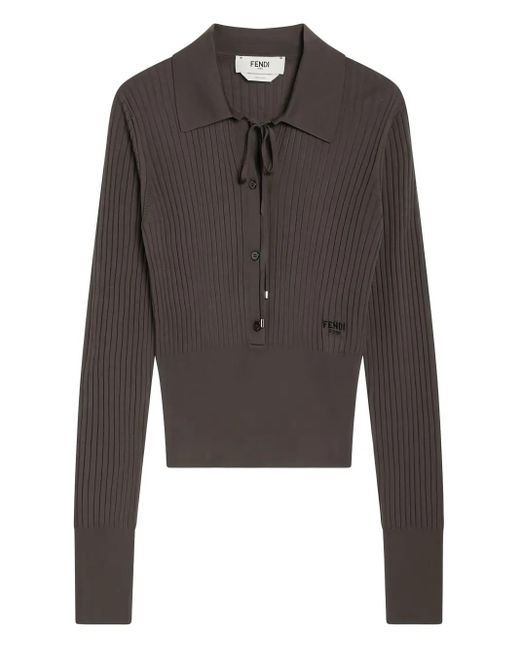 Fendi Gray V-Neck Ribbed Polo
