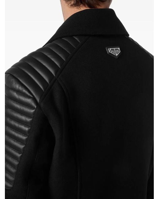 Philipp Plein Black Wool Biker Jacket With Leather Inserts for men
