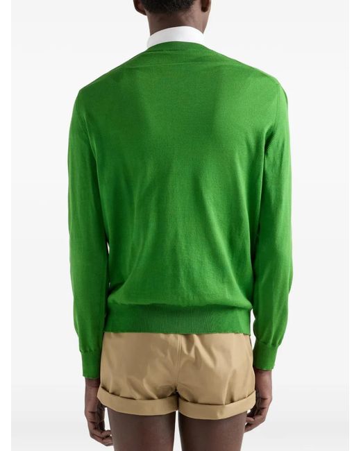 Prada Green V-Neck Ribbed Sweater for men