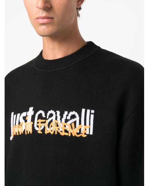 Just Cavalli Black Intarsia Knit Logo Cotton Jumper for men