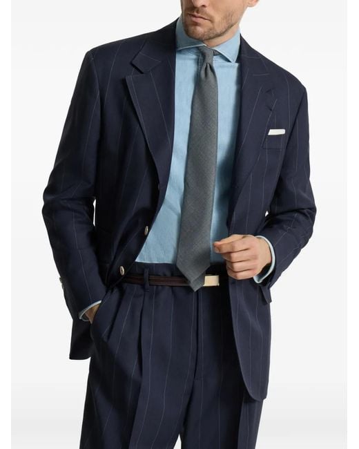 Brunello Cucinelli Blue Virgin Wool Chalk Stripe Tailor Blazer for men