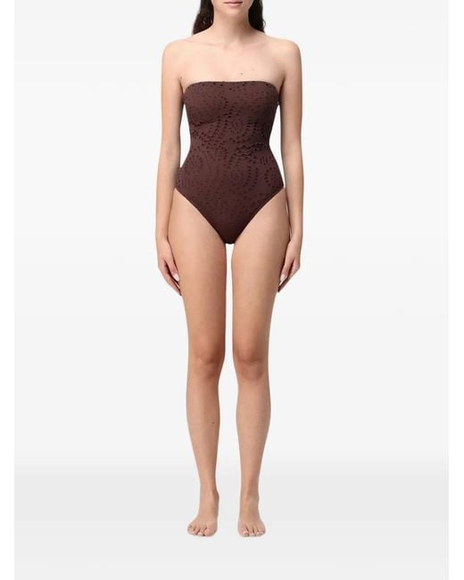 Mc2 Saint Barth Brown Broderie-Anglaise Strapless Swimsuit