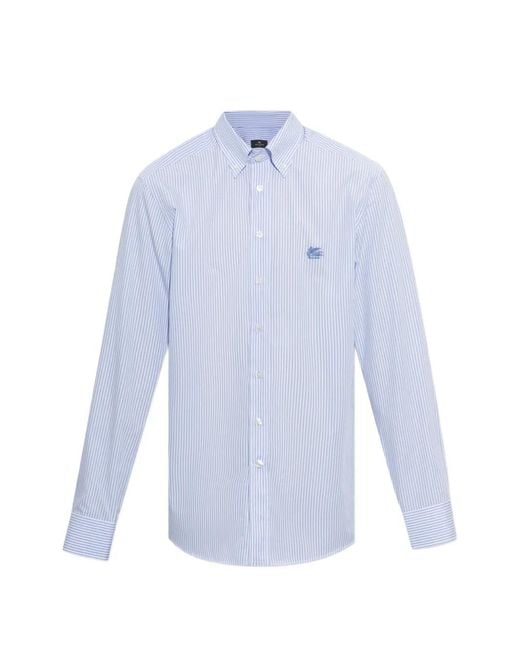 Etro Blue Stripe-Pattern Embroidered-Logo Shirt for men