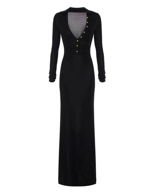 Elisabetta Franchi Black V-neck Button-details Maxi Dress