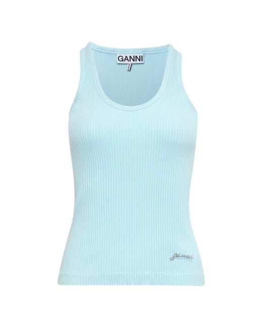 Ganni Blue Ribbed-Knit Logo-Embellished Tank Top