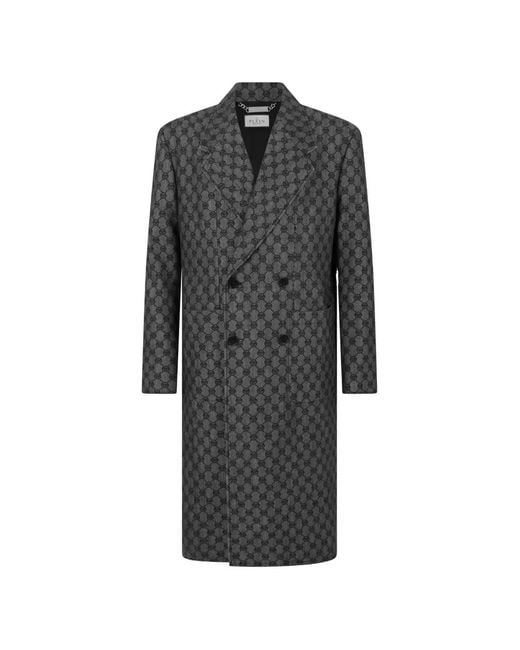 Philipp Plein Gray Monogram-Jacquard Double-Breasted Coat for men