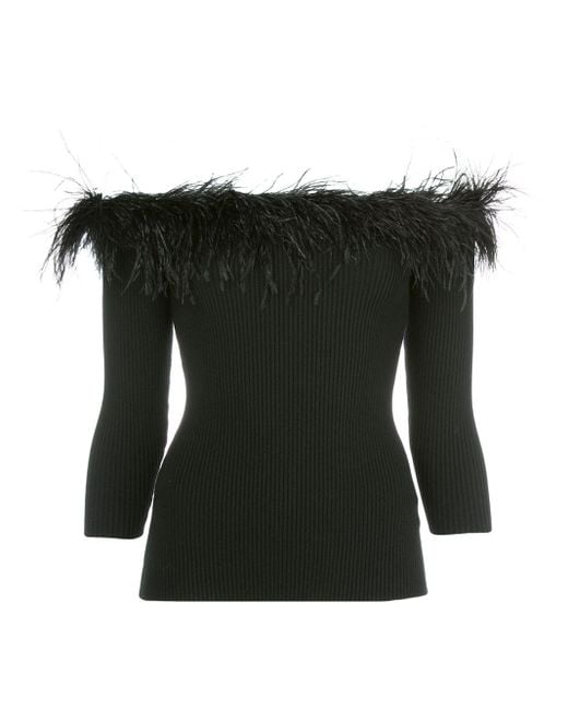 MILLY Black Feather-trimmed Off-the-shoulder Top