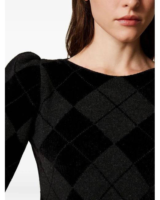 Twinset Black Puff-Sleeve Diamond-Pattern Jumper