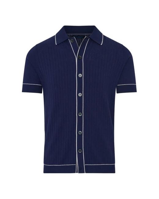 Patrick Assaraf Blue Ribbed-Knit Piped Shirt for men