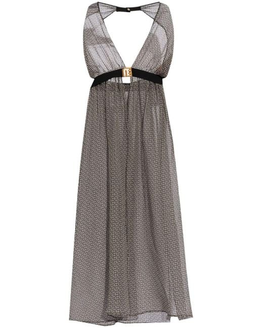 Balmain Gray Monogram-print Semi-sheer Beach Dress