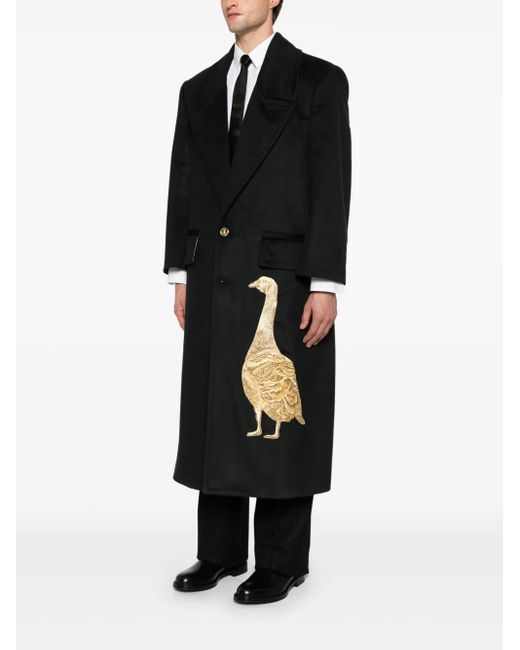 Thom Browne Black Cashmere Embroidered Applique Overcoat for men