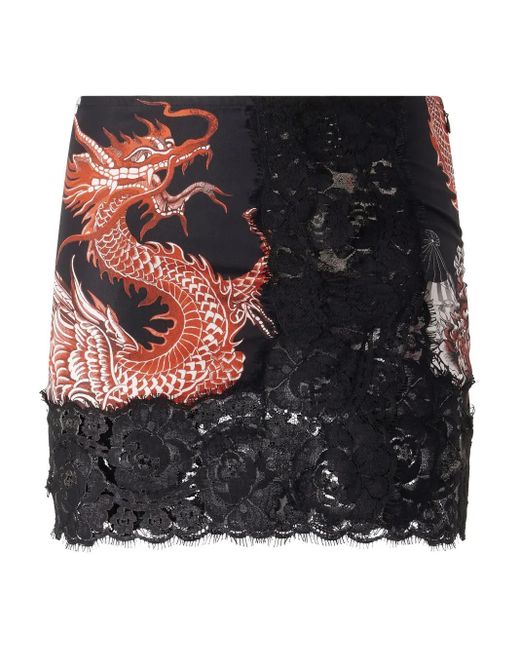Roberto Cavalli Black Spitzenrock Mit Drachen-Print