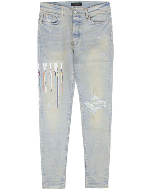 Amiri Blue Paint Drip Logo Straight-fit Jeans for men