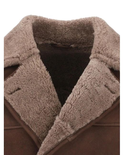 Volfagli Brown Double-Breasted Shearling Coat for men