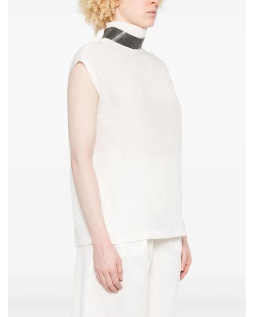 Brunello Cucinelli White Turtleneck Sleeveless Top