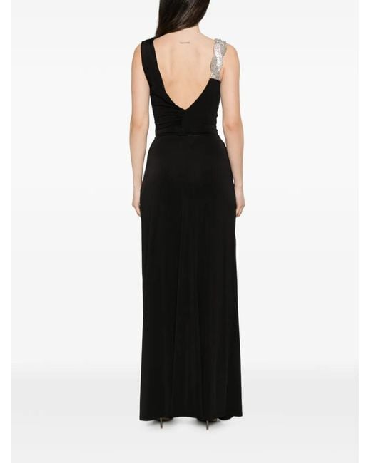 Amen Black Robe Longue Asymétrique Froncée À Ornements En Cristal